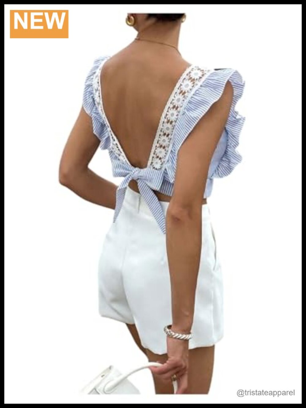 Women's Lace Trim Striped Blouse Square Neck Backless Bow Ruffle Sleeve Dressy